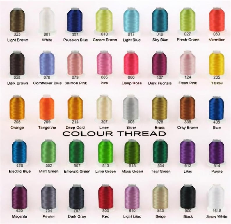 Puede incluir: Una carta de colores de carretes de hilo en varios tonos, incluyendo marr&oacute;n claro, blanco, azul prusiano, crema y azul claro. La carta muestra los colores del hilo con sus n&uacute;meros y nombres correspondientes, como "Colour Thread".