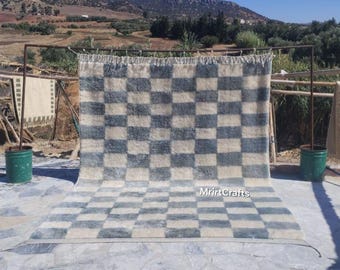 手織りのベニ・ムリルト・ベルベルラグ：ブルー＆ブラウン、天然ウール