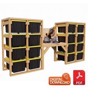 Easy DIY Garage Workbench Plan - 27 Gallon Tote Storage Rack Plans includes Both Plans - PDF Download - Beginner Friendly