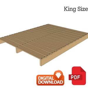 Puede incluir: Plan de cama plataforma king size en PDF para descargar. El plan muestra un marco de madera con listones.