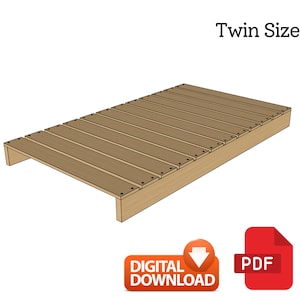 May include: Digital download PDF plan for building a twin-size platform bed frame. The frame is made of wood slats and has a simple, modern design.