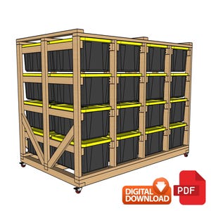 Rolling Tote Storage Rack Plans: DIY Mobile System, Digital PDF, 32 Tote Units (27 gallon)
