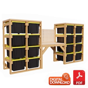 2in1 Workbench & Storage Shelves - 16 Unit 27 Gallon Tote Storage Rack - Storage Rack with Workbench - Modular Storage Rack | Digital Plan