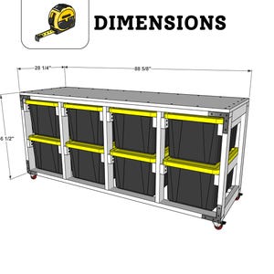 May include: A white storage cart with a wooden top and six black storage bins. The cart has wheels and measures 36 1/2 inches tall, 28 1/4 inches wide, and 88 5/8 inches long.