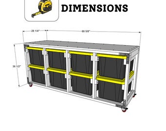 May include: A white storage cart with a wooden top and six black storage bins. The cart has wheels and measures 36 1/2 inches tall, 28 1/4 inches wide, and 88 5/8 inches long.