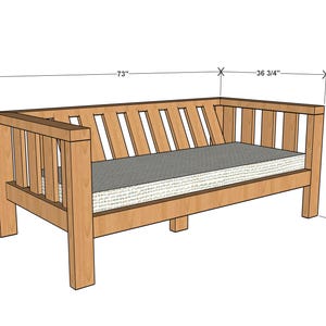 May include: A wooden bench with a gray cushion. The bench is 73 inches long, 36 3/4 inches wide, and 28 3/4 inches high. The bench has a slatted back and armrests.