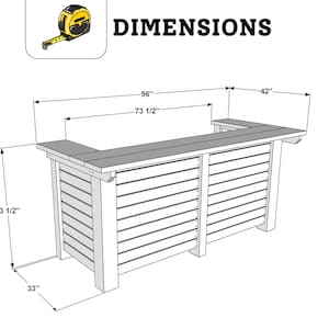 May include: Line drawing of a wooden bar with dimensions labelled in inches. The bar is 96 inches long, 73 1/2 inches wide, 43 1/2 inches tall, 42 inches deep, and 33 inches high.
