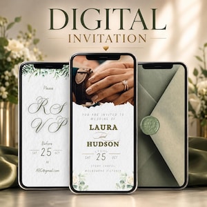 Sage Green Wedding Invitation Video: Animated Digital Evite, Canva Template