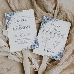 May include: Two wedding fan programs with blue floral accents and wooden handles. The fans display the names "Laura and Hudson", the wedding date, and a schedule. The text "Thank You" is also visible.
