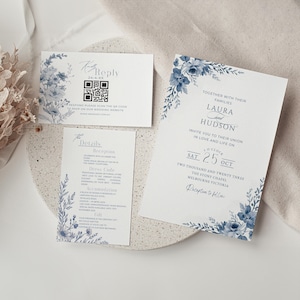 Bröllopsinbjudningssvit ljusblå, franskblå bröllopsinbjudningsset, dammblå inbjudningar med QR-kod OSA, redigerbar mallpaket