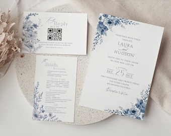 Wedding Invitation Suite Light Blue, French Blue Wedding Invite Set, Dusty Blue Invitations with Qr Code Rsvp, Editable Template Bundle