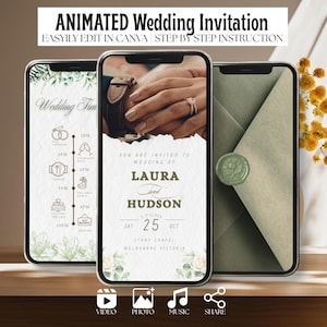Könnte beinhalten: Drei Smartphones zeigen eine animierte Hochzeitseinladungsvorlage. Die Bildschirme zeigen einen Zeitplan für Veranstaltungen, die Namen Laura und Hudson mit dem Datum 25. Oktober und einen salbeigrünen Umschlag mit einem blumigen Wachssiegel.