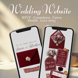 Burgundy & Ivory Wedding Website Template with RSVP: Classic Floral Envelope Digital Invitation
