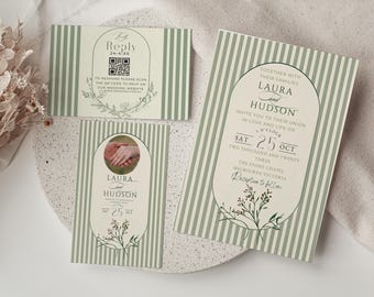 May include: Wedding stationery set featuring a striped design in white and sage green. The set includes an invitation, a reply card with a QR code, and an RSVP card. Floral and botanical illustrations are included.