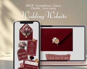 Burgundy Floral Wedding Website Template with RSVP: Editable Canva Design (Digital Download)