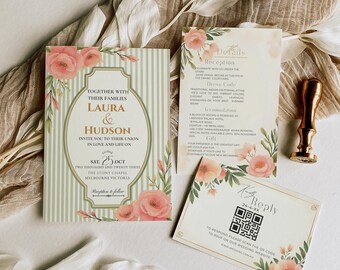 Vintage Garden Wedding Invitation Suite | Floral Victorian Wedding Set | Editable Canva Template