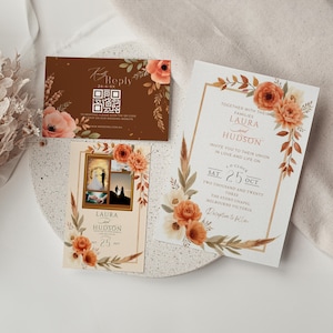 Terracotta Wedding Invitation Suite, Burnt Orange Floral, QR Code RSVP (Editable Template)