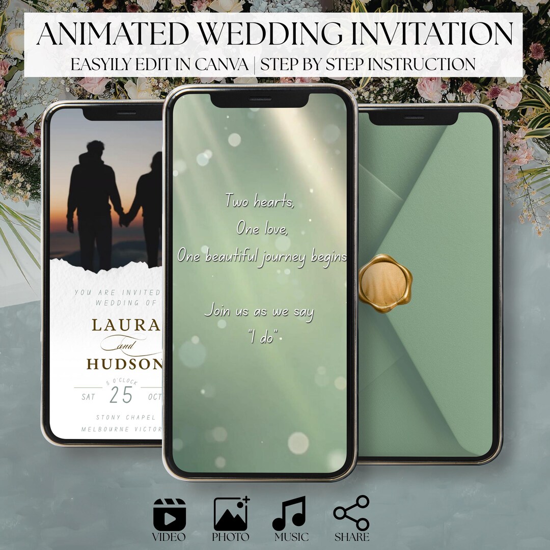 Sage Green Animated Wedding Invitation Template: Editable Canva Design ...