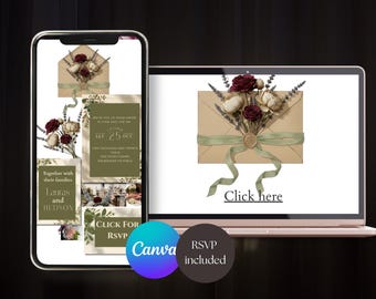 Olive Green & Burgundy Floral Wedding Website Template with RSVP: Editable Canva Design (Digital Download)