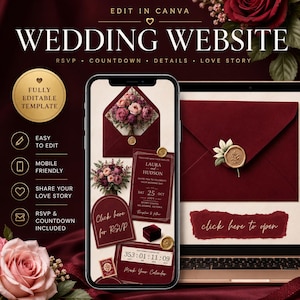 Puede incluir: Una plantilla de sitio web de bodas digital en una pantalla de smartphone y portátil, con sobres color burdeos oscuro, sellos de cera dorados, arreglos florales y elementos de texto como RSVP, cuenta atrás y detalles.