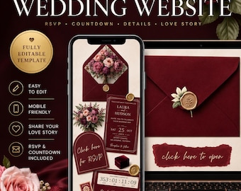 Burgundy Floral Wedding Website Template with RSVP: Editable Canva Design (Digital Download)