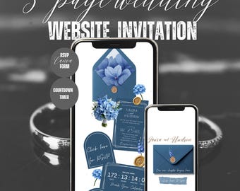 Plantilla de sitio web de boda con hortensias azules, invitación editable en Canva con formulario de confirmación de asistencia, invitación digital de boda floral, sitio web para reservar la fecha.