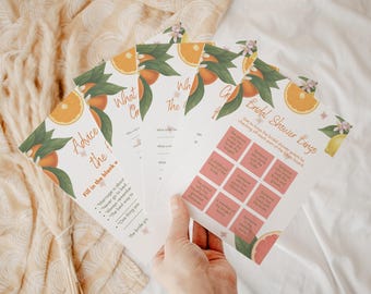 Zestaw gier na wieczór panieński Citrus Bridal Shower, Gry ślubne Citrus Floral do druku, Gry na wieczór panieński, Różowe gry ślubne, Główna gra Squeeze
