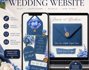 Plantilla para sitio web de boda con diseño floral de hortensias azules y confirmación de asistencia: Diseño editable en Canva (Descarga digital)