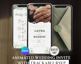 Salbeigrüne Hochzeitseinladung: Trackbare Antwortkarten (Canva Template)