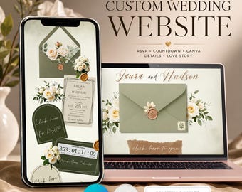 Green Tone Floral Wedding Website Template with RSVP: Editable Canva Design (Digital Download)
