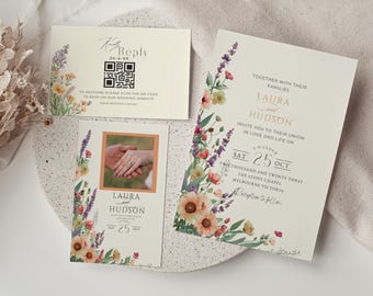 Elegante Blumenhochzeits-Einladungs-Reihe druckbare Hochzeitseinladung boho Blumenhochzeitseinladungsschablone CANVA Wildblumen-Einladung