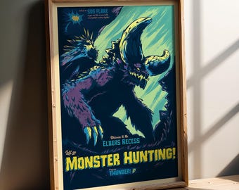 Puede incluir: Póster enmarcado con una vibrante ilustración de un monstruo del juego Monster Hunter. El póster presenta un fondo azul oscuro con un gran monstruo en morado y verde azulado. El texto incluye "Let's Go Monster Hunting!" y "Thunder!"