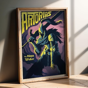 May include: Framed poster featuring a stylized illustration of Artorias the Abyss Walker. The artwork uses a limited color palette of yellow, blue, and purple. The text "Artorias" is displayed at the top, with "The Abyss Walker" below. The poster is in a wooden frame.