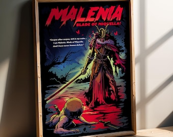 Puede incluir: Póster enmarcado con una ilustración estilizada de Malenia, Blade of Miquella, de un videojuego. La obra de arte utiliza una paleta de colores oscuros con acentos rojos y azules. El texto incluye el nombre del personaje y una cita.