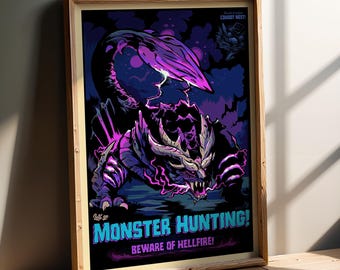 Monster Hunting Art Print | Wyvern Video Game Poster | Gamer Room Decor