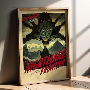 Puede incluir: P&oacute;ster enmarcado con una ilustraci&oacute;n oscura de una criatura con m&uacute;ltiples ojos. El texto "AMYGDALA" y "THE NIGHTMARE FRONTIER" se muestra en letras rojas llamativas. El p&oacute;ster tiene un estilo vintage y desgastado, con un fondo oscuro.