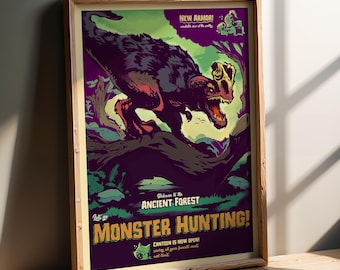 May include: A framed poster with a vintage-style illustration of a dinosaur in a forest setting. The poster has text that reads "NEW ARMOR!" and "MONSTER HUNTING!" in a retro font, with a dark purple and green color scheme.