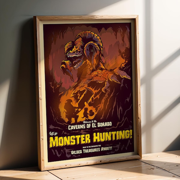 CAVERNS of EL DORADO, Let's Go Monster Hunting, Video Game Poster, Video Game Art, Gaming Poster, Dorm Art