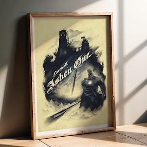 Può includere: Stampa artistica incorniciata con un'illustrazione fantasy oscura. L'opera raffigura un cavaliere con una spada, una torre e il testo "Farewell Ashen One". La tavolozza dei colori è principalmente nera, bianca e gialla, con una cornice in legno.