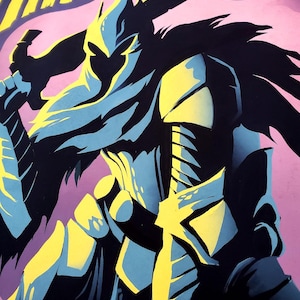 May include: Illustration of a warrior in blue and yellow armor, holding a sword. The artwork has a comic book style with the word "WARRIOR" in yellow text against a pink background.