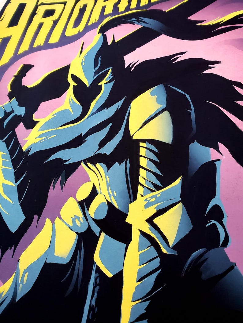 May include: Illustration of a warrior in blue and yellow armor, holding a sword. The artwork has a comic book style with the word "WARRIOR" in yellow text against a pink background.