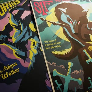 May include: Two fantasy art prints. One features a figure with a sword, the text "RIORIAS" and "The Abyss Walker". The other depicts a wolf with a sword, the text "SIF" and "The legend of Artorias art none but a fabrication."