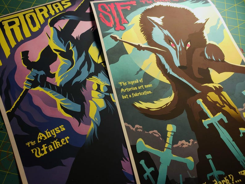 May include: Two fantasy art prints. One features a figure with a sword, the text "RIORIAS" and "The Abyss Walker". The other depicts a wolf with a sword, the text "SIF" and "The legend of Artorias art none but a fabrication."