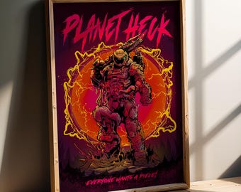 Planet Heck Doom Slayer Poster Print | Retro Gaming Wall Art | Video Game Room Decor
