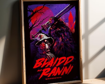 Puede incluir: Impresión artística enmarcada con una ilustración de fantasía en tonos rojos y morados. La imagen muestra dos personajes, uno empuñando una gran espada y el otro con un sombrero de bruja. El texto "Blaidd and Ranni" está escrito en rojo.