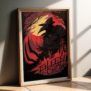 Puede incluir: Impresión artística enmarcada con una ilustración estilizada de una figura con máscara y capa de médico de la peste, sobre un fondo de cementerio rojo y negro. El texto "Eileen the Crow" se muestra de forma destacada.