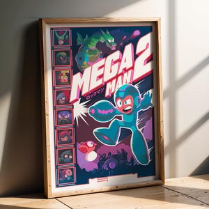 May include: A framed poster featuring the Mega Man 2 video game. The artwork showcases the Mega Man character in teal and blue, firing a blast. The poster includes the game's title and Japanese text, with various character portraits along the left side.
