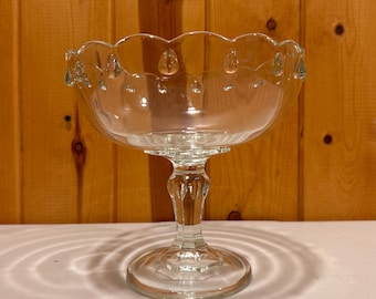 May include: Clear glass pedestal bowl with a scalloped rim and teardrop-shaped details. The bowl sits on a decorative stem and a round base. The background is a wooden wall.