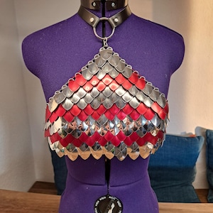 Könnte beinhalten: Ein Metall-Schuppen-Top in Rot und Silber, präsentiert auf einer lila Schneiderpuppe. Das Top ist mit einem schwarzen Leder-Halsband mit einem Metallring verbunden. Die Schuppen sind in einem geschichteten Muster angeordnet.