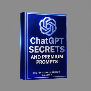 Puede incluir: Caja rectangular azul con texto blanco "ChatGPT SECRETS AND PREMIUM PROMPTS". Un logotipo blanco en la parte superior. El texto "CALIDAD PREMIUM PROFESIONAL" está en la parte inferior.